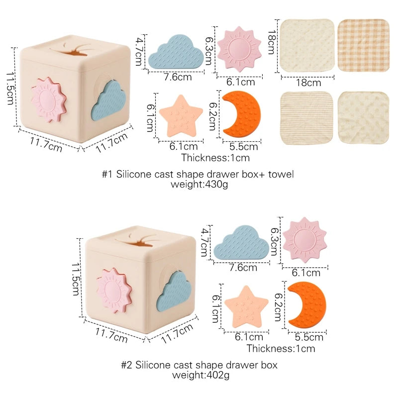 Babylove Silicone Tissue Box for kids aged 0-14+ years, free from high-concern chemicals. This Montessori toy enhances color recognition and shape pairing, made from high-quality silicone with a shape and nature theme. Ideal for developing early learning skills