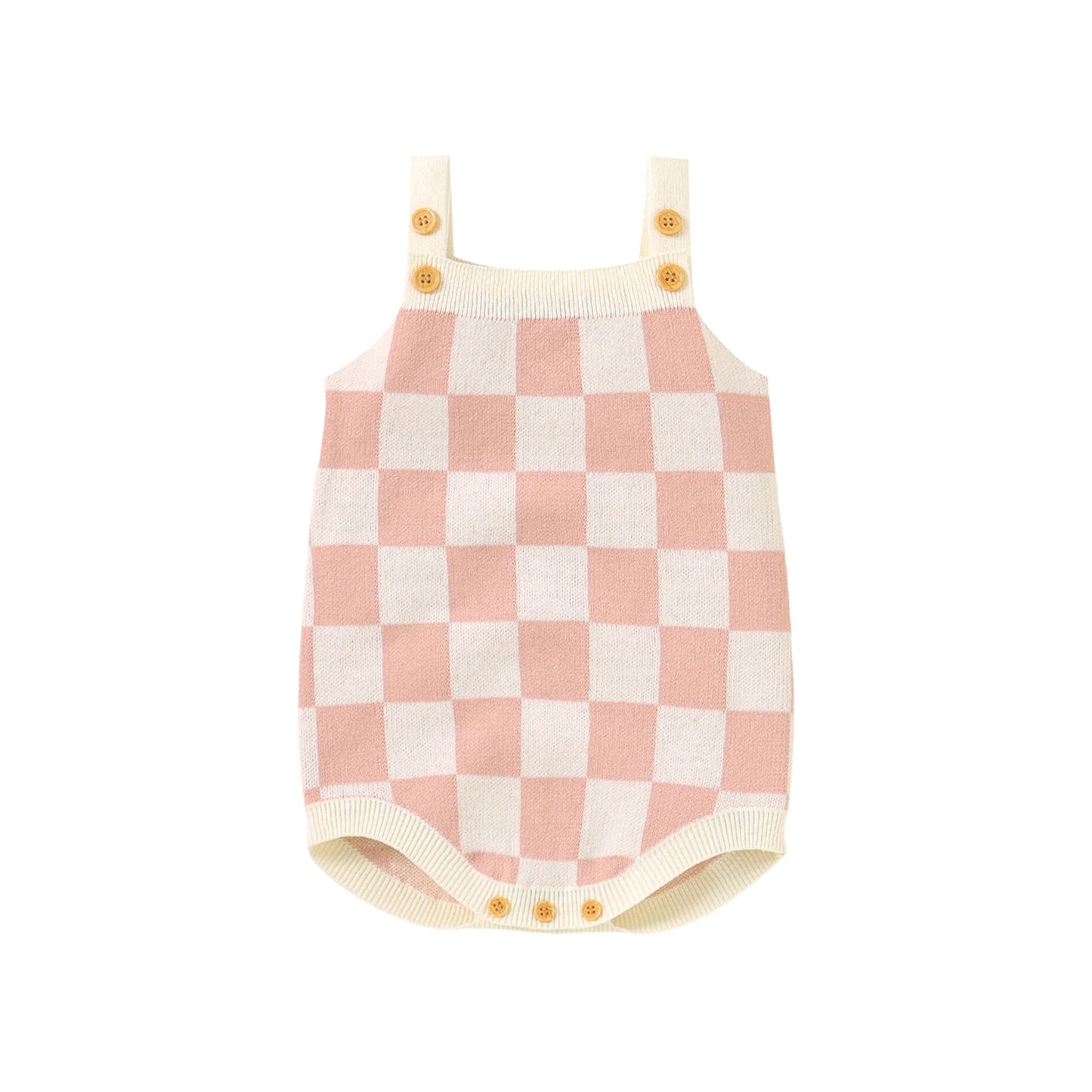 Bubebaby BabyLove unisex romper in a comfortable cotton and polyester blend, featuring a charming plaid pattern, square-neck collar, and covered button closures. Ideal for summer, available in sizes for ages 0-24 months.