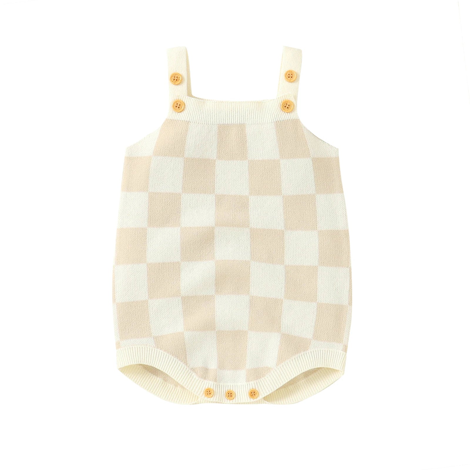 Bubebaby BabyLove unisex romper in a comfortable cotton and polyester blend, featuring a charming plaid pattern, square-neck collar, and covered button closures. Ideal for summer, available in sizes for ages 0-24 months.