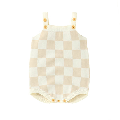 Bubebaby BabyLove unisex romper in a comfortable cotton and polyester blend, featuring a charming plaid pattern, square-neck collar, and covered button closures. Ideal for summer, available in sizes for ages 0-24 months.