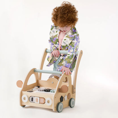 Montessori Bubebaby Babylove Learning Walker for children aged 3-6 years, made from high-quality wood and CE certified. Weighing 357g and sized at 46.5cm x 35.4cm x H45.3cm, this walker features engaging nature and transportation themes. Safe, durable, and perfect for early learning and development