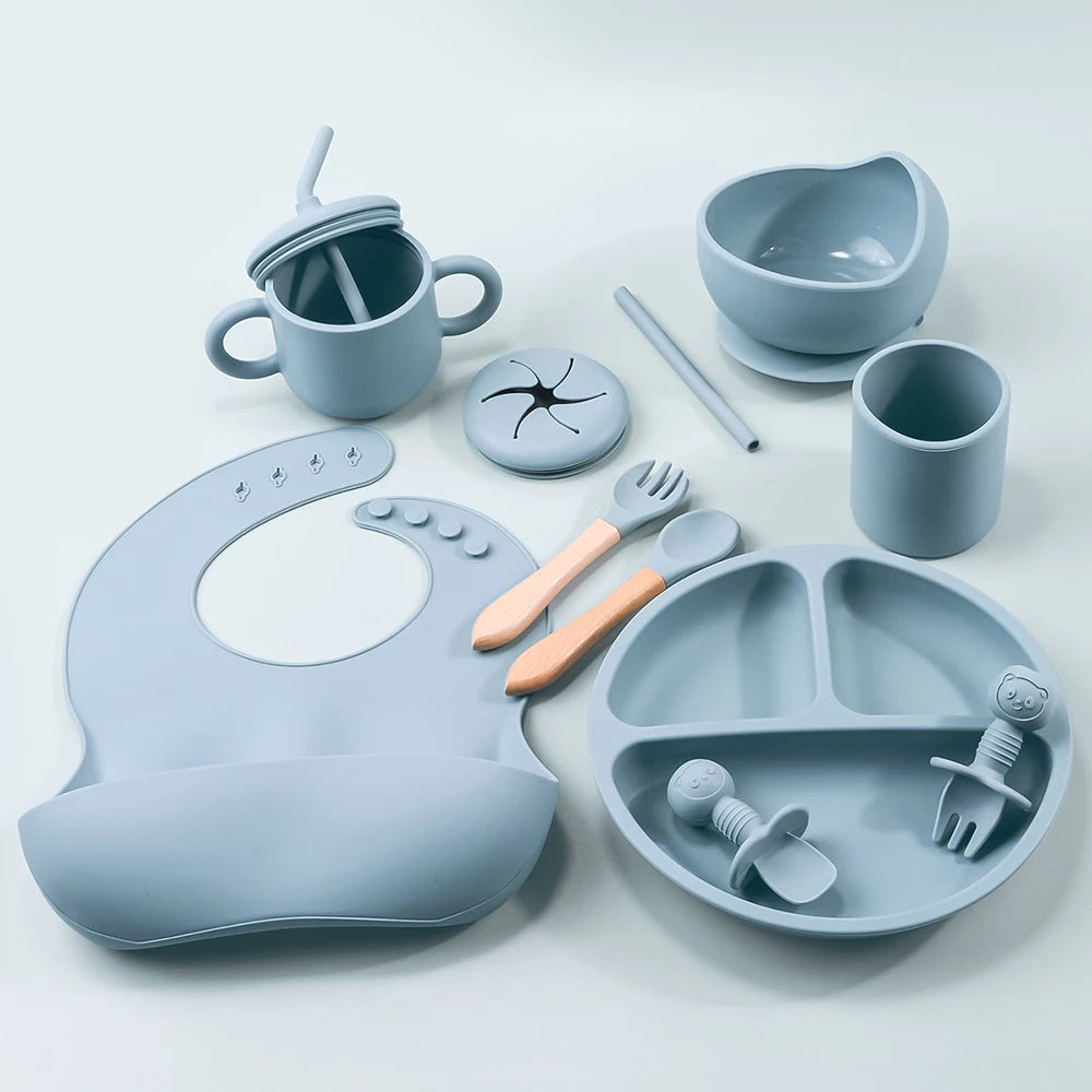 BabyLove Silicone Feeding Set at BubeBaby, perfect for babies aged 3-6 years. This 10-piece set includes solid-patterned storage boxes  made from high-quality, latex-free, nitrosamine-free, phthalate-free, BPA-free, and PVC-free silicone. Safe, durable, and ideal for food storage