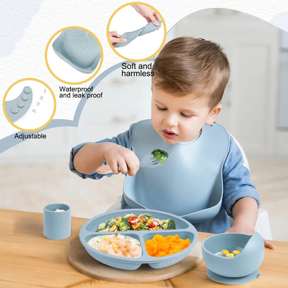 BabyLove Silicone Feeding Set at BubeBaby, perfect for babies aged 3-6 years. This 10-piece set includes solid-patterned storage boxes  made from high-quality, latex-free, nitrosamine-free, phthalate-free, BPA-free, and PVC-free silicone. Safe, durable, and ideal for food storage