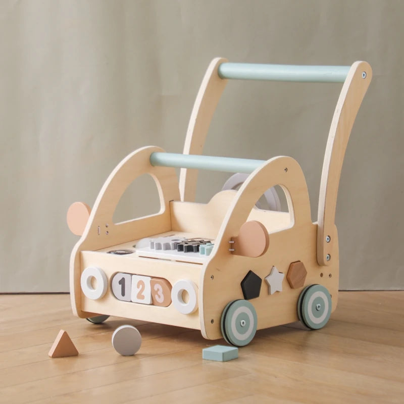 Montessori Bubebaby Babylove Learning Walker for children aged 3-6 years, made from high-quality wood and CE certified. Weighing 357g and sized at 46.5cm x 35.4cm x H45.3cm, this walker features engaging nature and transportation themes. Safe, durable, and perfect for early learning and development