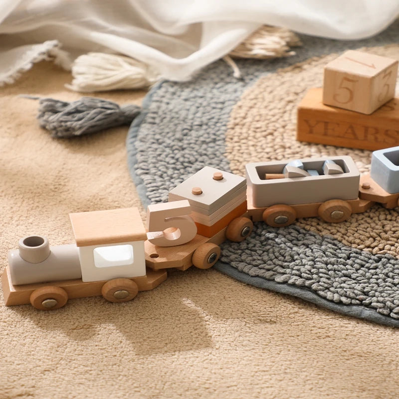 American Montessori International Wooden Train toy, ideal for imaginative play and motor skill development at BubeBaby