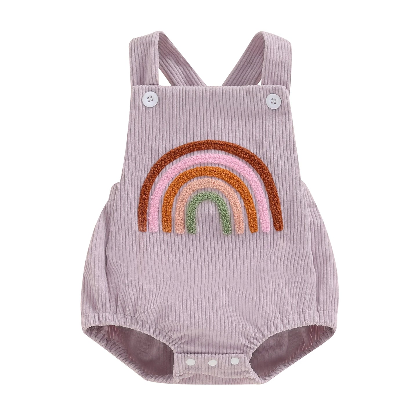 Keep your baby girl stylish and comfy with our BabyLove Floral Rainbow and Strawberry Romper! Perfect for ages 0-12 months, this sleeveless romper features a square neck, playful patterns, and a soft cotton-polyester blend. Lightweight and breathable, it's ideal for summer days. Fits true to size with covered button closures