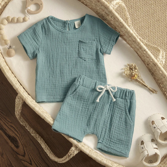 Shop our Stylish and comfortable outfits from Bubebaby, designed for children aged 0-6 years. Perfect for summer, these unisex sets are made from high-quality cotton linen and polyester, ensuring breathability and comfort. Features include a classic O-neck collar, regular short sleeves, and a pullover closure.