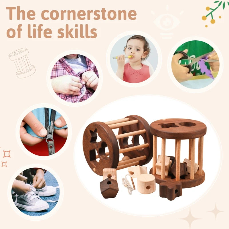 Introduce your child to learning with this Babylove Montessori Wooden Shape Matching and Threading Toy at Bubebaby. Suitable for ages 0-6, it boosts cognitive skills, hand-eye coordination, and pattern recognition. Made from non-toxic wood, free from harmful chemicals, it’s safe, durable, and perfect for educational play