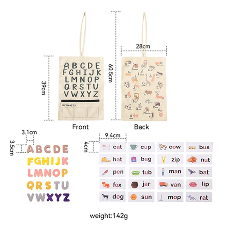 Shop the Montessori ABC Word and Letter Cognitive Puzzle at Bubebaby – an educational toy designed for children aged 0-6 years. Made with non-toxic materials and CE-certified for safety, this canvas-wrapped puzzle set promotes early literacy skills. Includes a canvas storage bag for easy organization