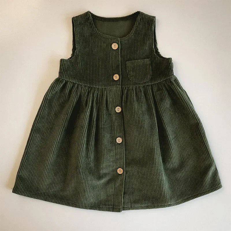 Discover the perfect autumn dress for your little one! This knee-length, A-line silhouette dress for ages 4-6 years features a solid pattern in polyester material. With a sleeveless, crew neck design and button decorations, it fits true to size. Ideal for stylish and comfortable wear