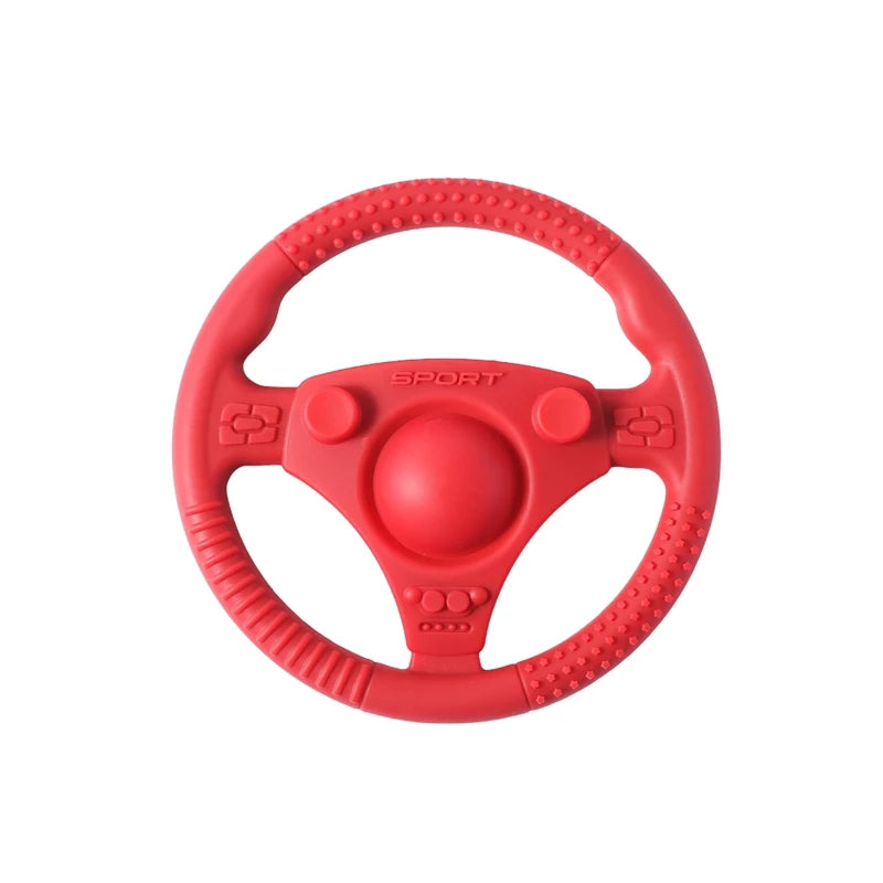 Silicone Bubebaby BabyLove Teething Toy Car Wheel – A fun and safe teether for babies, designed as an analog steering wheel. Made from 100% silicone, it's latex, nitrosamine, phthalate, BPA, and PVC free. Suitable for infants from 0 to 36 months. Available in various colors and comes in single packaging