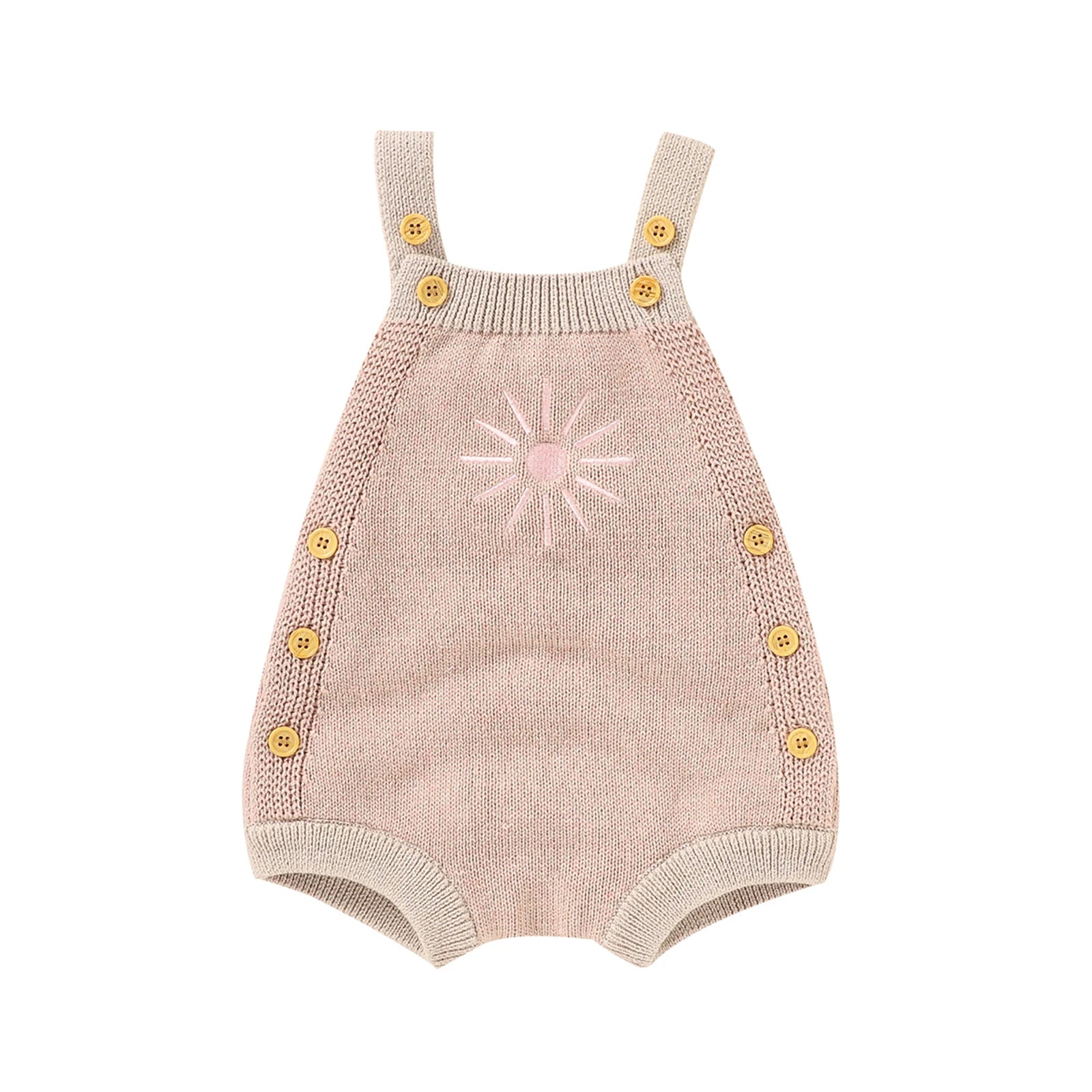  Baby unisex romper made from high-quality cotton and polyester, suitable for ages 0-24 months. The romper features a sleeveless design, straight collar, covered button closure, and a charming print pattern. Ideal for all seasons and available in various sizes to ensure a perfect fit.