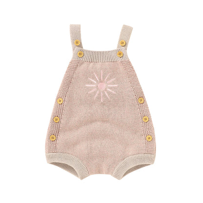  Baby unisex romper made from high-quality cotton and polyester, suitable for ages 0-24 months. The romper features a sleeveless design, straight collar, covered button closure, and a charming print pattern. Ideal for all seasons and available in various sizes to ensure a perfect fit.