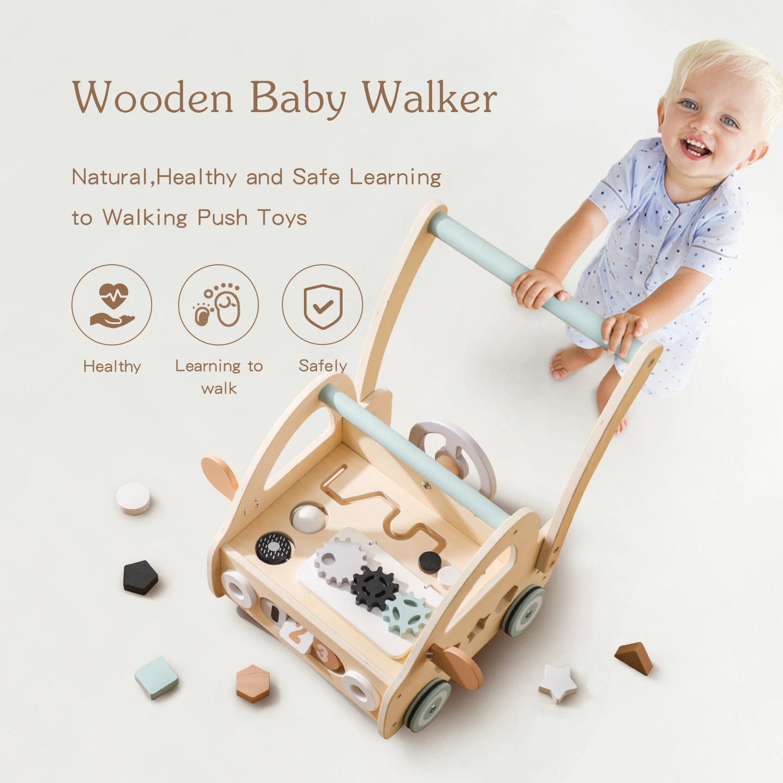 Montessori Bubebaby Babylove Learning Walker for children aged 3-6 years, made from high-quality wood and CE certified. Weighing 357g and sized at 46.5cm x 35.4cm x H45.3cm, this walker features engaging nature and transportation themes. Safe, durable, and perfect for early learning and development