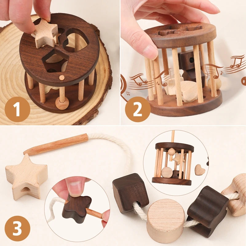 Introduce your child to learning with this Babylove Montessori Wooden Shape Matching and Threading Toy at Bubebaby. Suitable for ages 0-6, it boosts cognitive skills, hand-eye coordination, and pattern recognition. Made from non-toxic wood, free from harmful chemicals, it’s safe, durable, and perfect for educational play