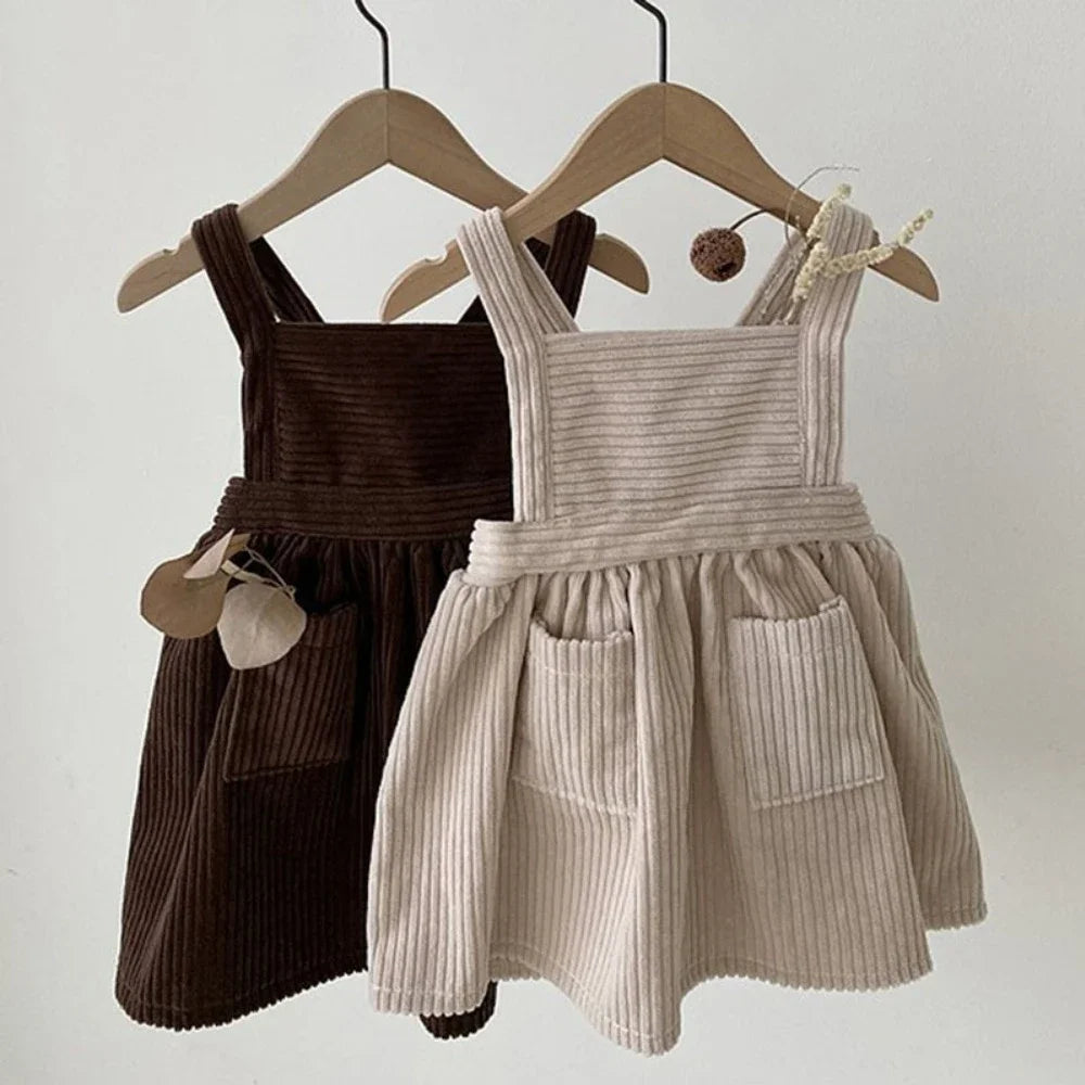 BabyLove corduroy pocket dress with long sleeves, featuring a classic A-line cut and a cute front pocket, perfect for casual, stylish looks