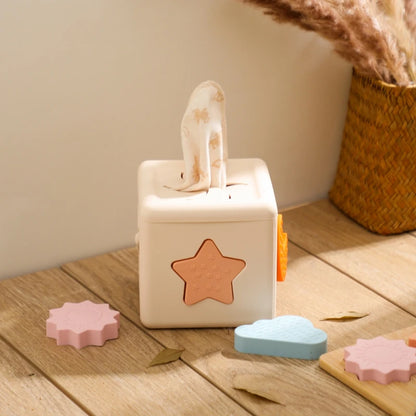 Babylove Silicone Tissue Box for kids aged 0-14+ years, free from high-concern chemicals. This Montessori toy enhances color recognition and shape pairing, made from high-quality silicone with a shape and nature theme. Ideal for developing early learning skills