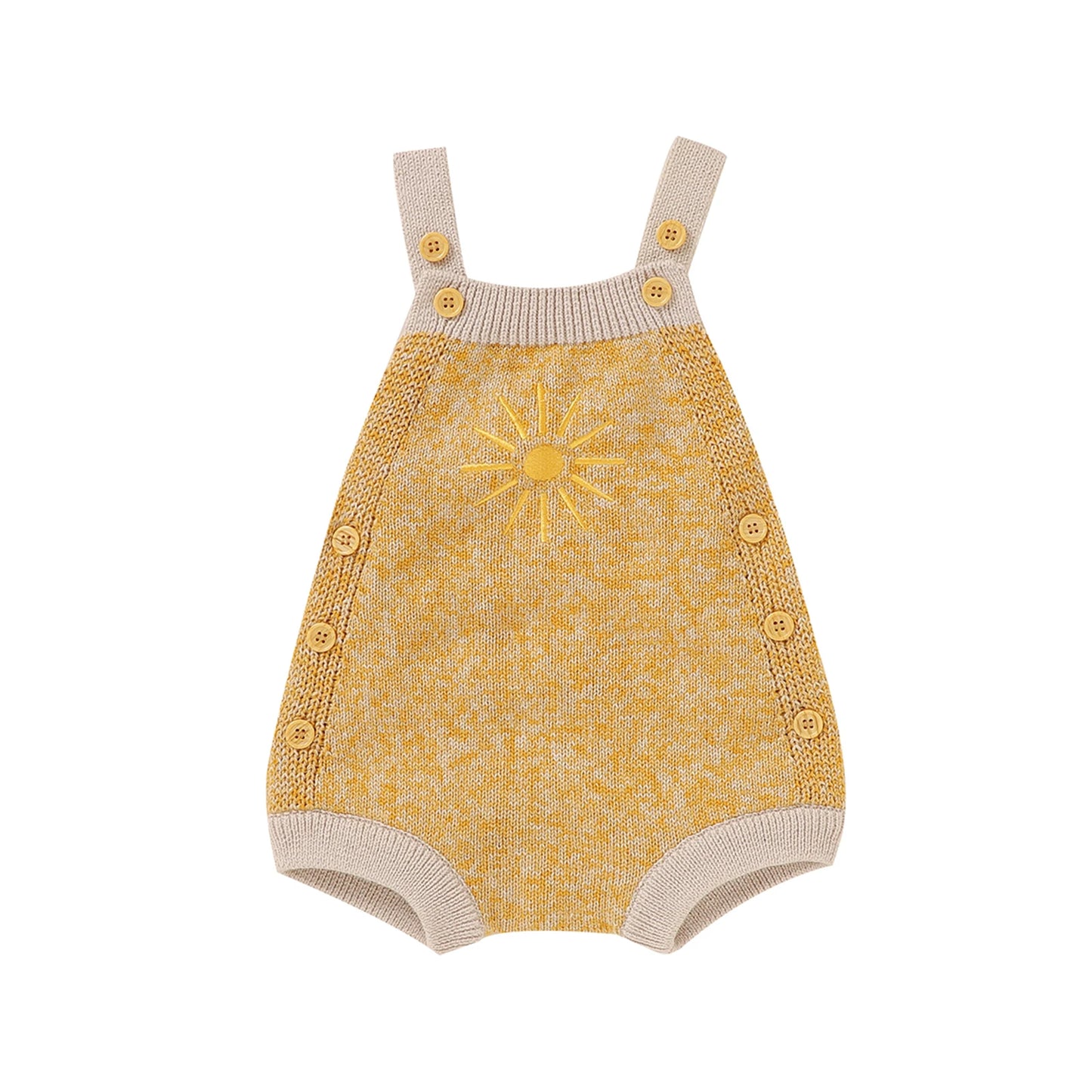  Baby unisex romper made from high-quality cotton and polyester, suitable for ages 0-24 months. The romper features a sleeveless design, straight collar, covered button closure, and a charming print pattern. Ideal for all seasons and available in various sizes to ensure a perfect fit.