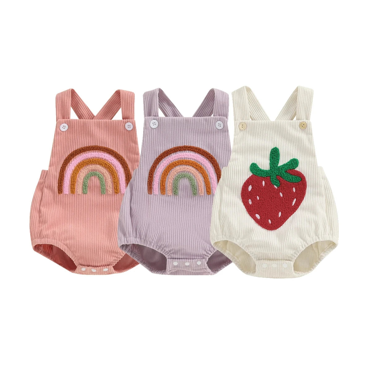 Keep your baby girl stylish and comfy with our BabyLove Floral Rainbow and Strawberry Romper! Perfect for ages 0-12 months, this sleeveless romper features a square neck, playful patterns, and a soft cotton-polyester blend. Lightweight and breathable, it's ideal for summer days. Fits true to size with covered button closures