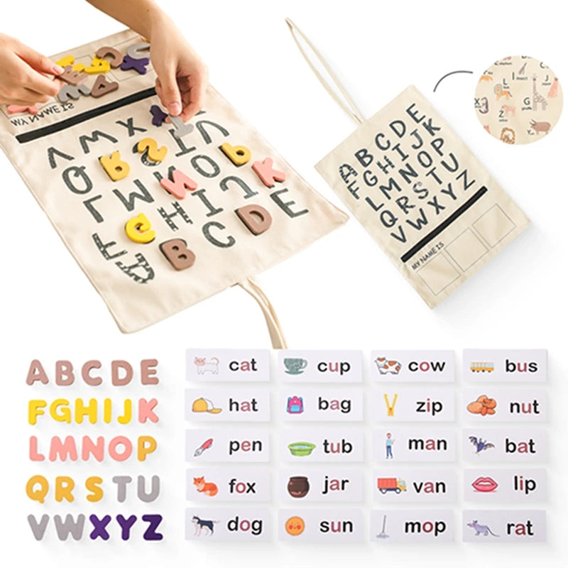 Shop the Montessori ABC Word and Letter Cognitive Puzzle at Bubebaby – an educational toy designed for children aged 0-6 years. Made with non-toxic materials and CE-certified for safety, this canvas-wrapped puzzle set promotes early literacy skills. Includes a canvas storage bag for easy organization