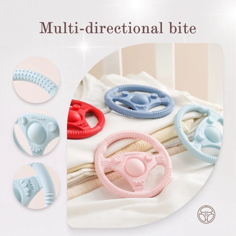 Silicone Bubebaby BabyLove Teething Toy Car Wheel – A fun and safe teether for babies, designed as an analog steering wheel. Made from 100% silicone, it's latex, nitrosamine, phthalate, BPA, and PVC free. Suitable for infants from 0 to 36 months. Available in various colors and comes in single packaging