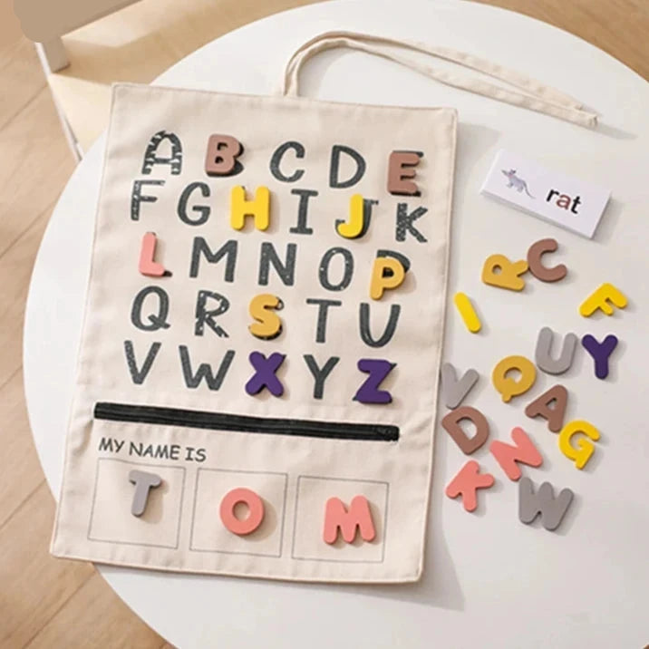 Shop the Montessori ABC Word and Letter Cognitive Puzzle at Bubebaby – an educational toy designed for children aged 0-6 years. Made with non-toxic materials and CE-certified for safety, this canvas-wrapped puzzle set promotes early literacy skills. Includes a canvas storage bag for easy organization