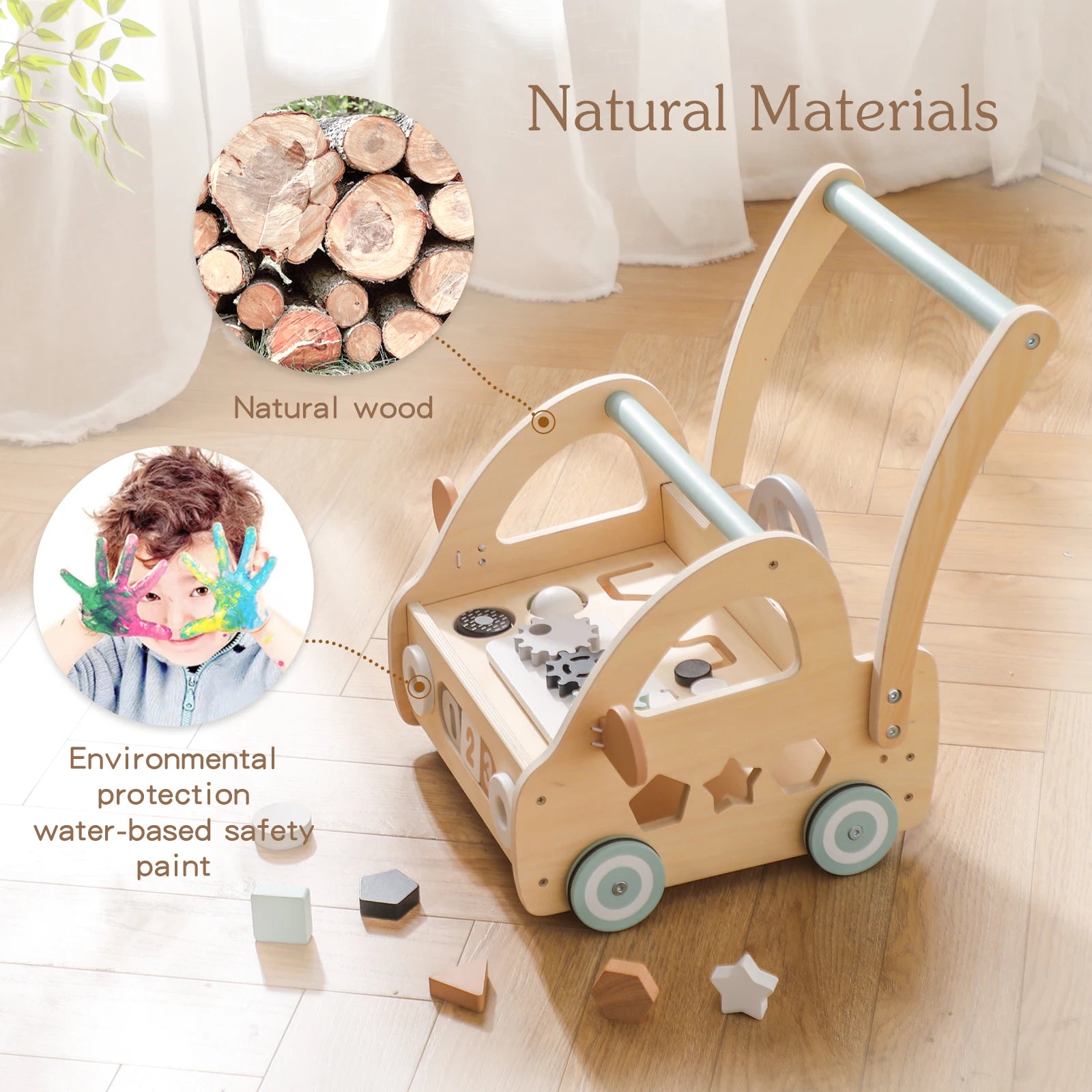 Montessori Bubebaby Babylove Learning Walker for children aged 3-6 years, made from high-quality wood and CE certified. Weighing 357g and sized at 46.5cm x 35.4cm x H45.3cm, this walker features engaging nature and transportation themes. Safe, durable, and perfect for early learning and development