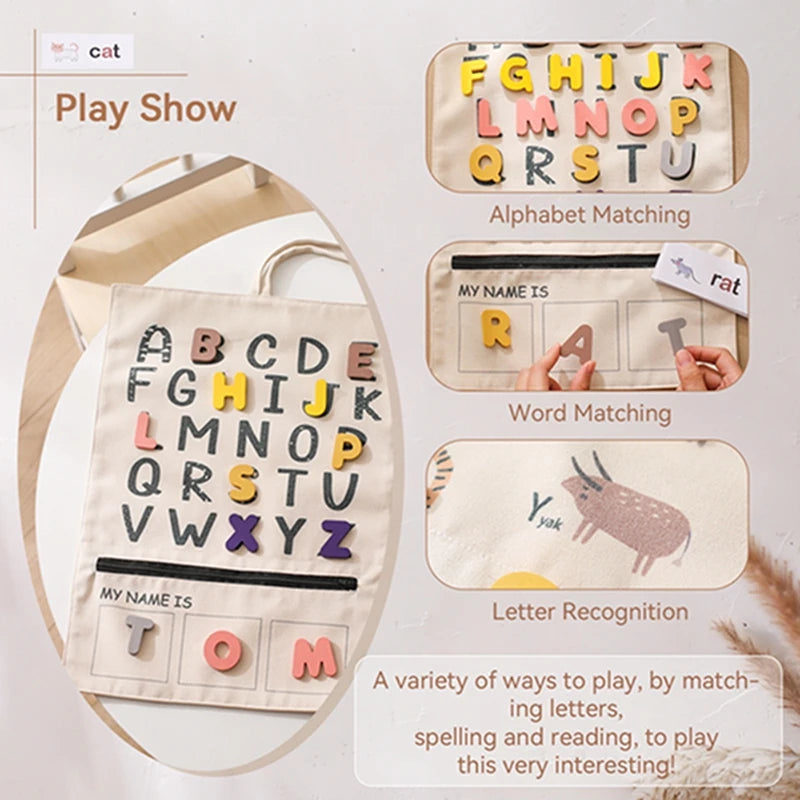 Shop the Montessori ABC Word and Letter Cognitive Puzzle at Bubebaby – an educational toy designed for children aged 0-6 years. Made with non-toxic materials and CE-certified for safety, this canvas-wrapped puzzle set promotes early literacy skills. Includes a canvas storage bag for easy organization