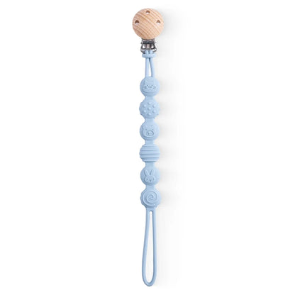 BabyLove Montessori Beech Wood and Silicone Beaded Pacifier Clip, a 20cm durable, BPA-free, phthalate-free, and latex-free accessory for babies aged 0-36 months. Features a solid color, wooden clip, and silicone strap. Versatile as a pacifier holder, soother chain, or teether toy. Safe and stylish design