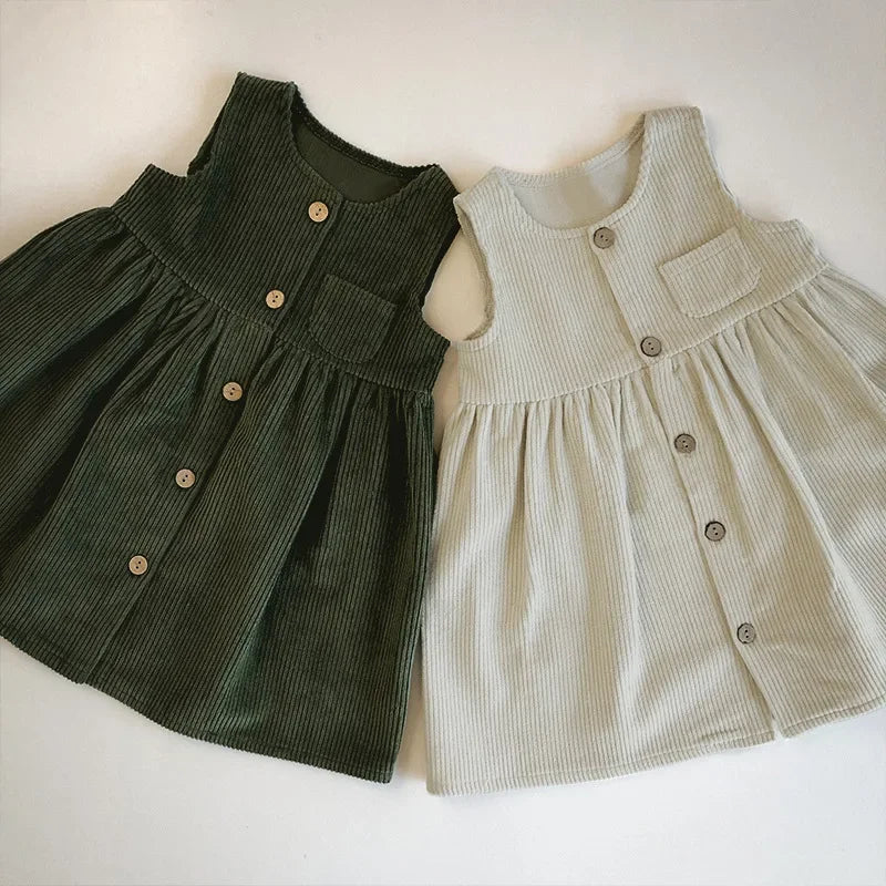 Discover the perfect autumn dress for your little one! This knee-length, A-line silhouette dress for ages 4-6 years features a solid pattern in polyester material. With a sleeveless, crew neck design and button decorations, it fits true to size. Ideal for stylish and comfortable wear