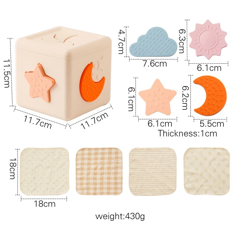 Babylove Silicone Tissue Box for kids aged 0-14+ years, free from high-concern chemicals. This Montessori toy enhances color recognition and shape pairing, made from high-quality silicone with a shape and nature theme. Ideal for developing early learning skills