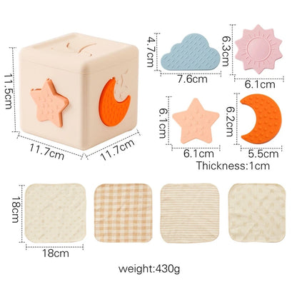 Babylove Silicone Tissue Box for kids aged 0-14+ years, free from high-concern chemicals. This Montessori toy enhances color recognition and shape pairing, made from high-quality silicone with a shape and nature theme. Ideal for developing early learning skills