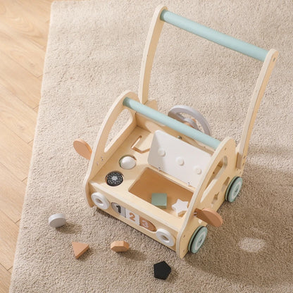 Montessori Bubebaby Babylove Learning Walker for children aged 3-6 years, made from high-quality wood and CE certified. Weighing 357g and sized at 46.5cm x 35.4cm x H45.3cm, this walker features engaging nature and transportation themes. Safe, durable, and perfect for early learning and development