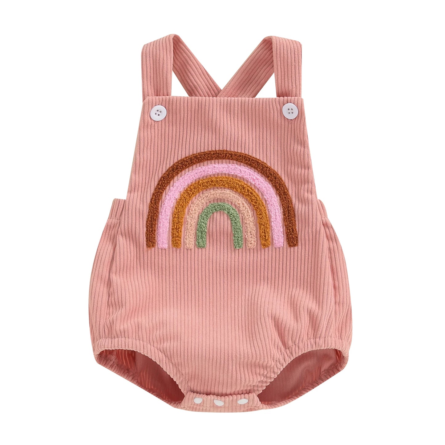 Keep your baby girl stylish and comfy with our BabyLove Floral Rainbow and Strawberry Romper! Perfect for ages 0-12 months, this sleeveless romper features a square neck, playful patterns, and a soft cotton-polyester blend. Lightweight and breathable, it's ideal for summer days. Fits true to size with covered button closures