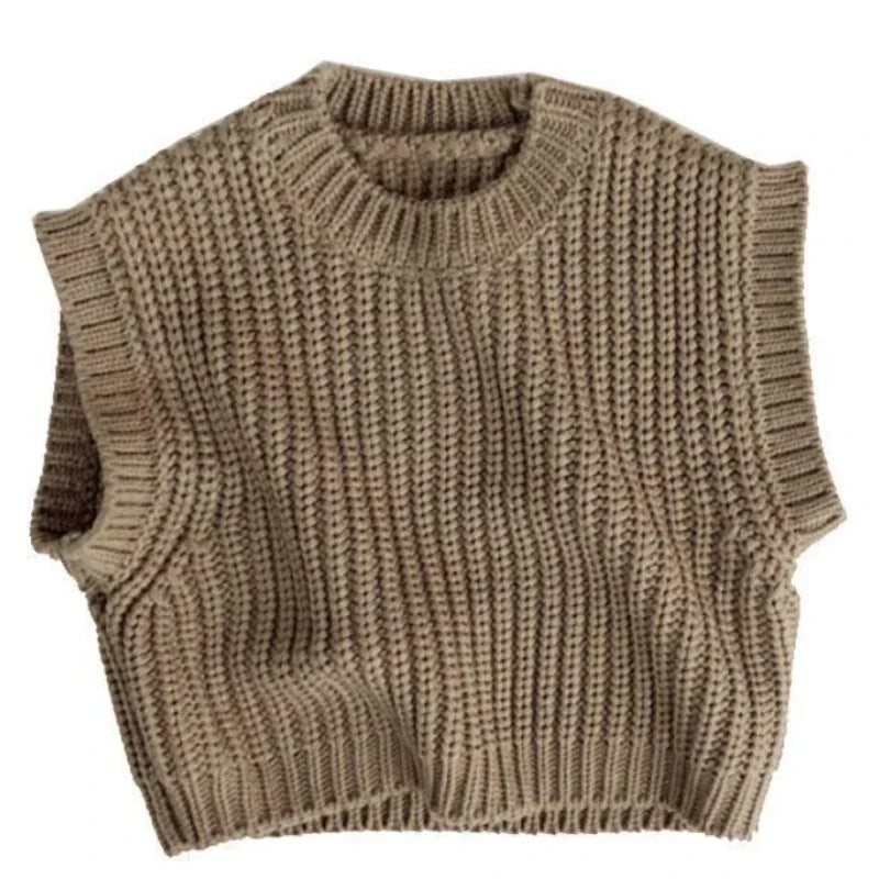 A BabyLove cozy knit sweater vest for babies in  soft, neutral colors. The vest features a classic design with ribbed edges and a round neck  perfect for layering in cooler weather by Bubebaby.