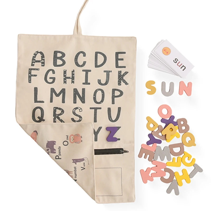 Shop the Montessori ABC Word and Letter Cognitive Puzzle at Bubebaby – an educational toy designed for children aged 0-6 years. Made with non-toxic materials and CE-certified for safety, this canvas-wrapped puzzle set promotes early literacy skills. Includes a canvas storage bag for easy organization