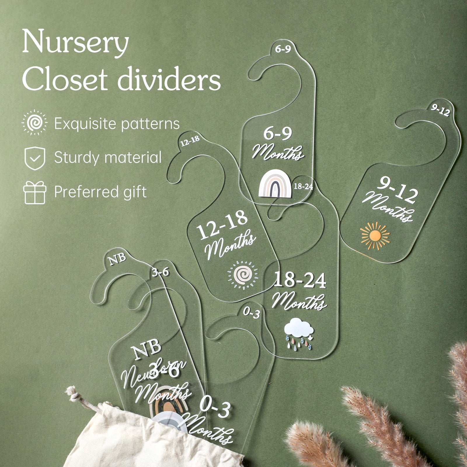 Keep your nursery tidy with our Babylove transparent acrylic wardrobe dividers!  Weighing 130g and packaged in a cotton bag, these minimalist, unisex dividers are perfect for organizing baby clothes from 0-24 months. Ideal for creating a neat wardrobe and a charming keepsake