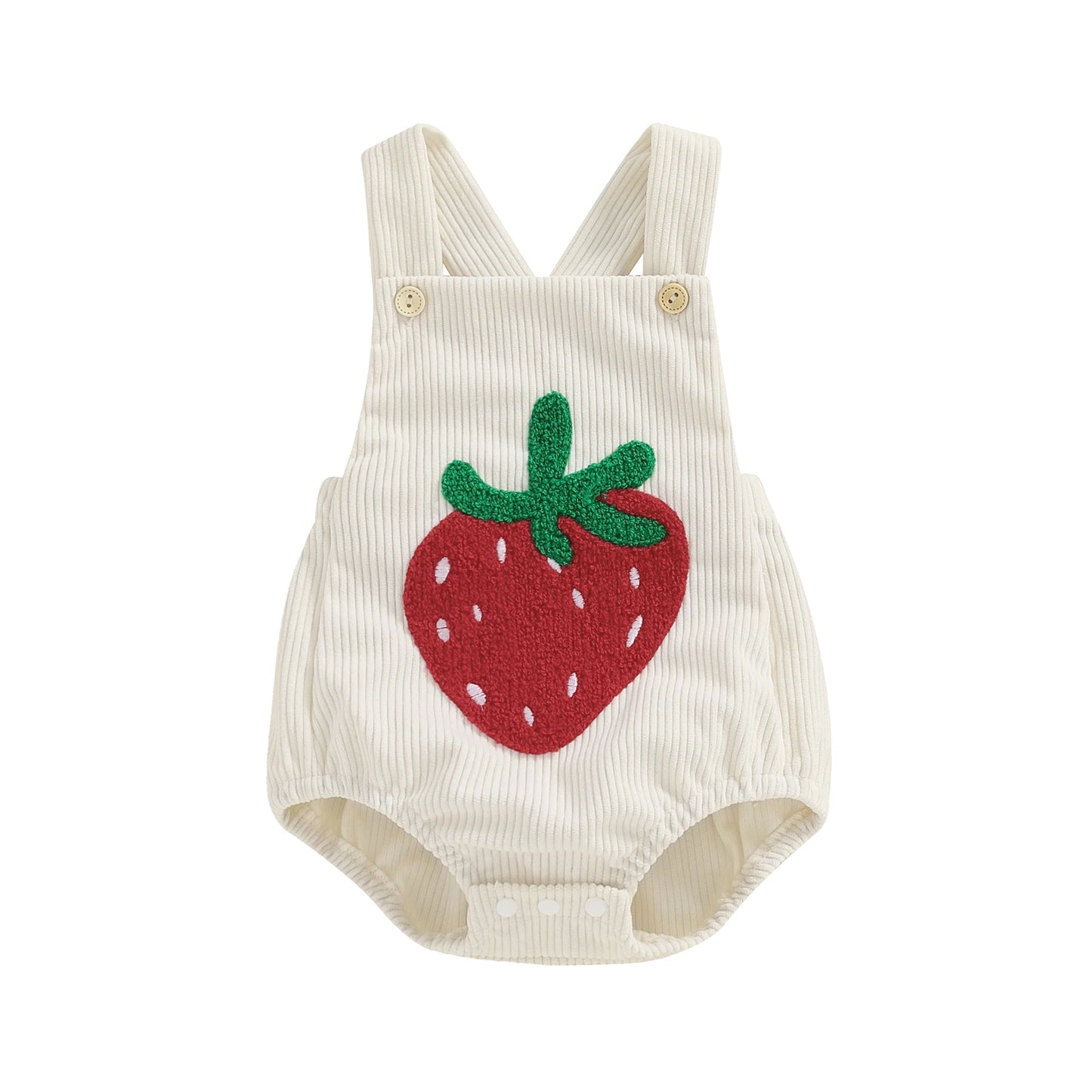 Keep your baby girl stylish and comfy with our BabyLove Floral Rainbow and Strawberry Romper! Perfect for ages 0-12 months, this sleeveless romper features a square neck, playful patterns, and a soft cotton-polyester blend. Lightweight and breathable, it's ideal for summer days. Fits true to size with covered button closures