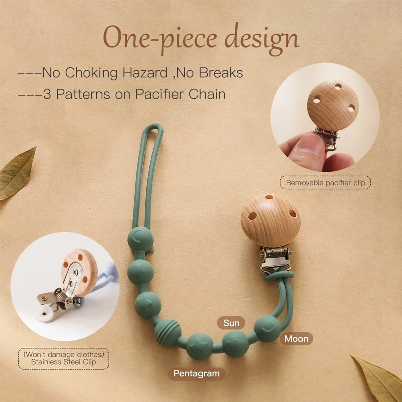 BabyLove Montessori Beech Wood and Silicone Beaded Pacifier Clip, a 20cm durable, BPA-free, phthalate-free, and latex-free accessory for babies aged 0-36 months. Features a solid color, wooden clip, and silicone strap. Versatile as a pacifier holder, soother chain, or teether toy. Safe and stylish design