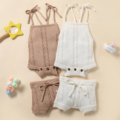 BubeBaby BabyLove Romper Knit Set for summer, made from cotton and spandex broadcloth, featuring a short-sleeve romper with an O-neck collar and covered button closure, paired with matching shorts. Suitable for babies aged 0-36 months, available in various sizes, with a solid pattern and regular sleeve style